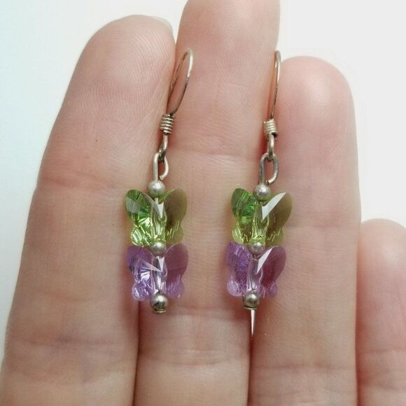 Vintage Green and Purple Butterfly Shape Bead Drop Dangle Earrings, Fun Cute - Picture 2 of 5
